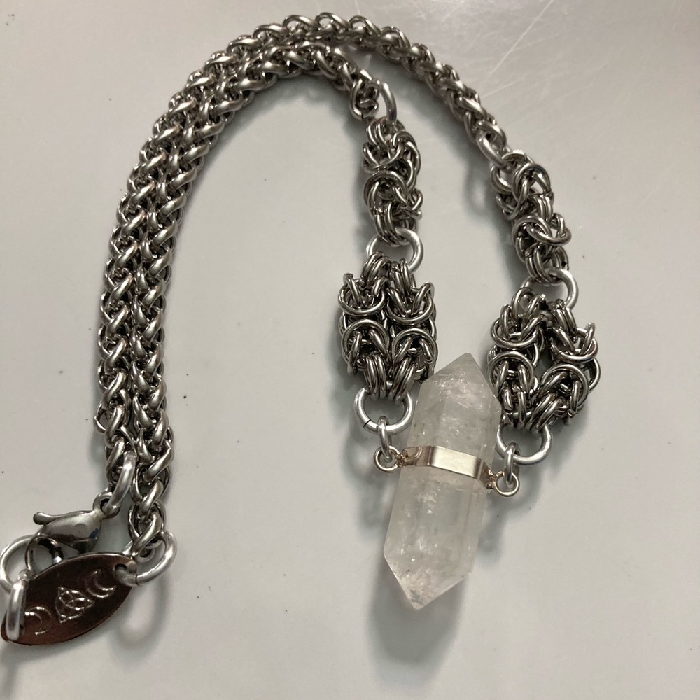 Genuine Double point clear crystal quartz maille silver boho choker necklace . - Picture 9 of 11